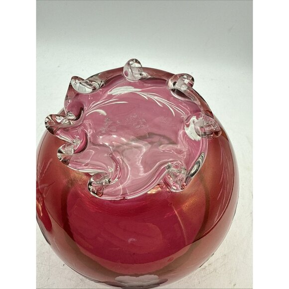Floral Etched Cranberry Glass Lidded Candy Pedestal Made In Italy Vintage 9 In - Picture 8 of 12